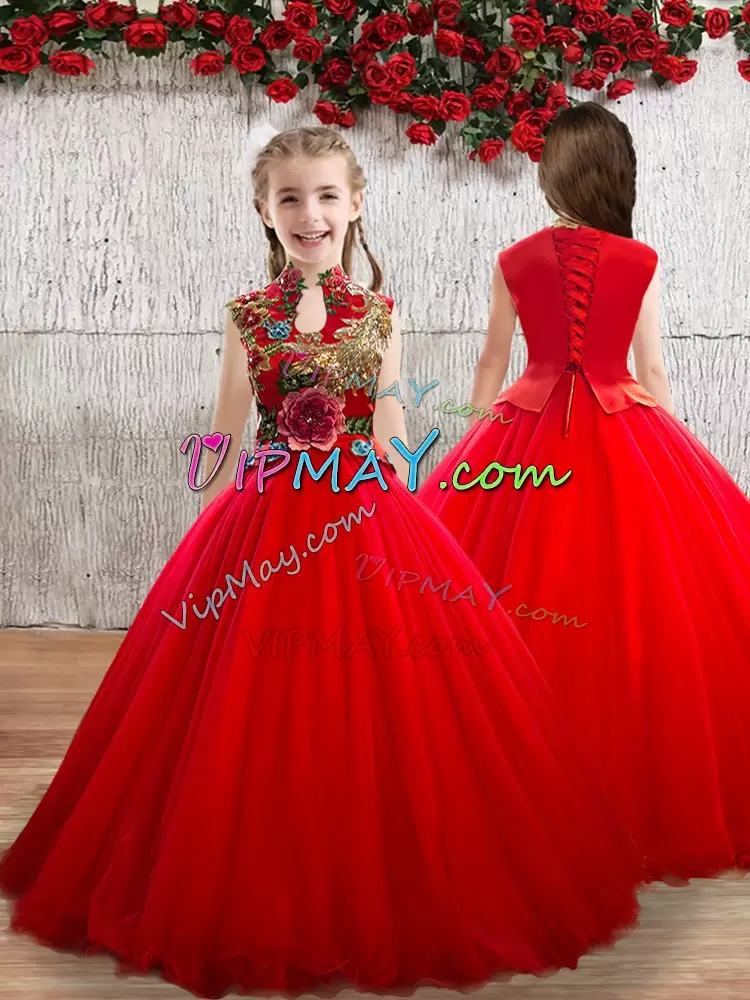 Red Tulle Lace Up Flower Girl Dresses Sleeveless Floor Length Appliques