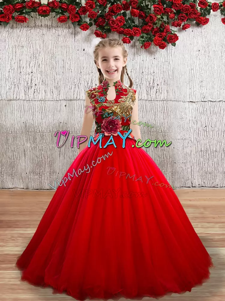 Red Tulle Lace Up Flower Girl Dresses Sleeveless Floor Length Appliques