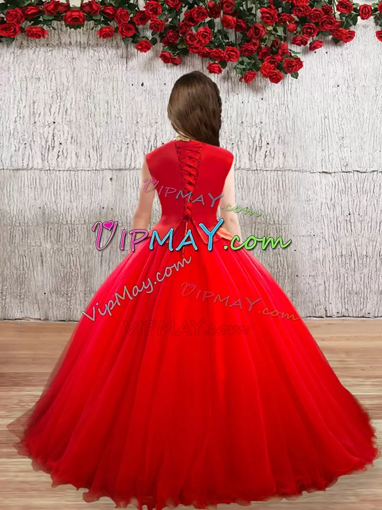 Red Tulle Lace Up Flower Girl Dresses Sleeveless Floor Length Appliques