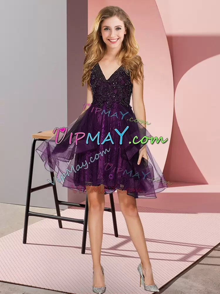 Purple Sleeveless Appliques and Ruffles Mini Length Dama Dress for Quinceanera