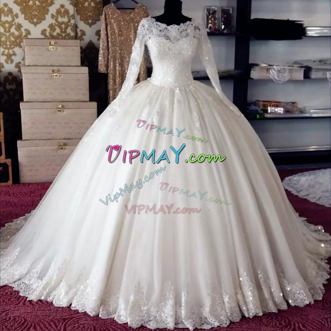 Scoop Long Sleeves Celebrity Dress With Train Chapel Train Appliques White Tulle