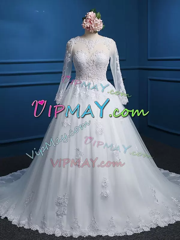 Graceful Long Sleeves Lace and Appliques Zipper Celebrity Style Dress with White Court Train