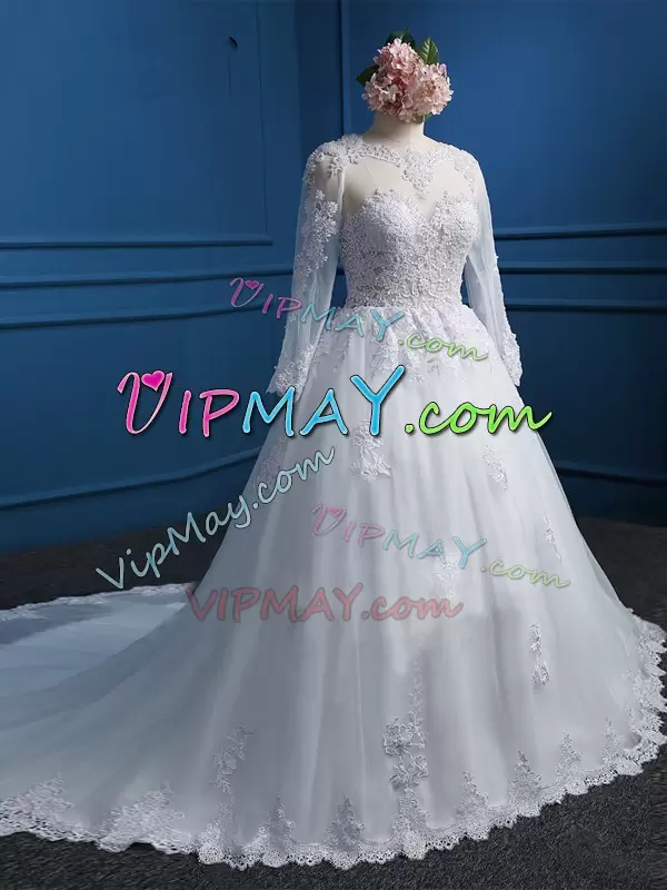 Graceful Long Sleeves Lace and Appliques Zipper Celebrity Style Dress with White Court Train