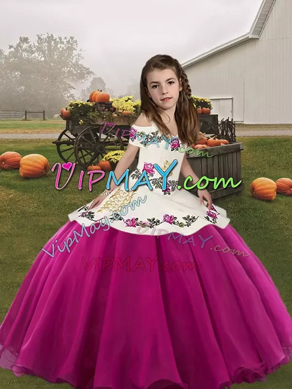 Fuchsia Ball Gowns Embroidery Kids Formal Wear Lace Up Organza Sleeveless Floor Length