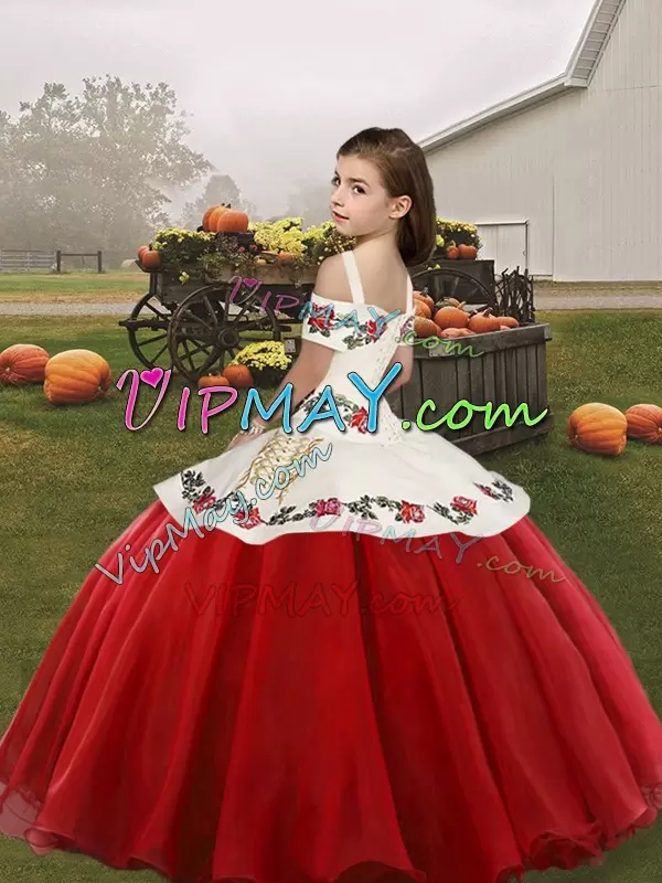 Fuchsia Ball Gowns Embroidery Kids Formal Wear Lace Up Organza Sleeveless Floor Length