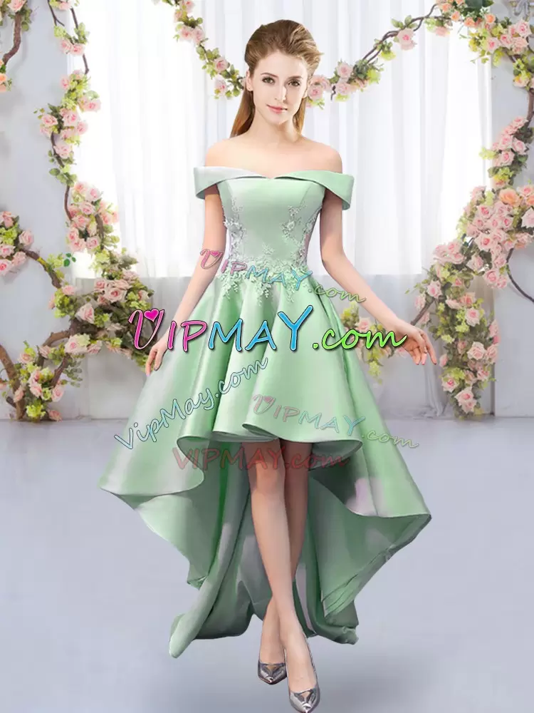 Green A-line Appliques Court Dresses for Sweet 16 Lace Up Satin Sleeveless High Low