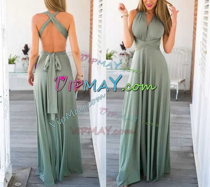 Fitting Green Chiffon Backless Bridesmaids Dress Sleeveless Floor Length Ruching