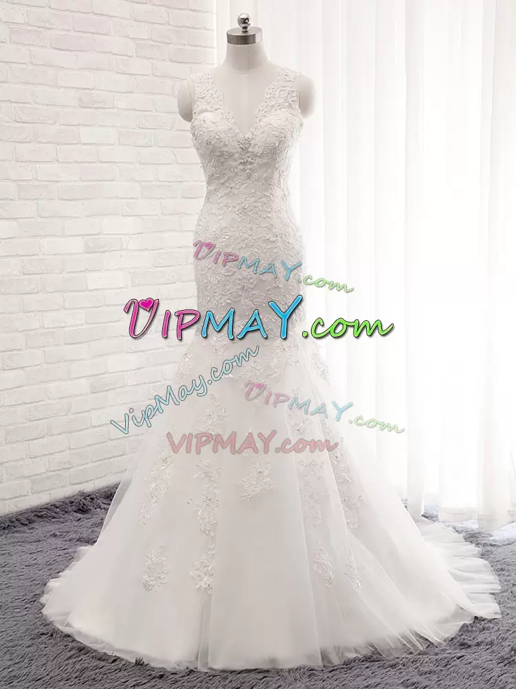 White Bridal Gown Lace Sweep Train Sleeveless Lace