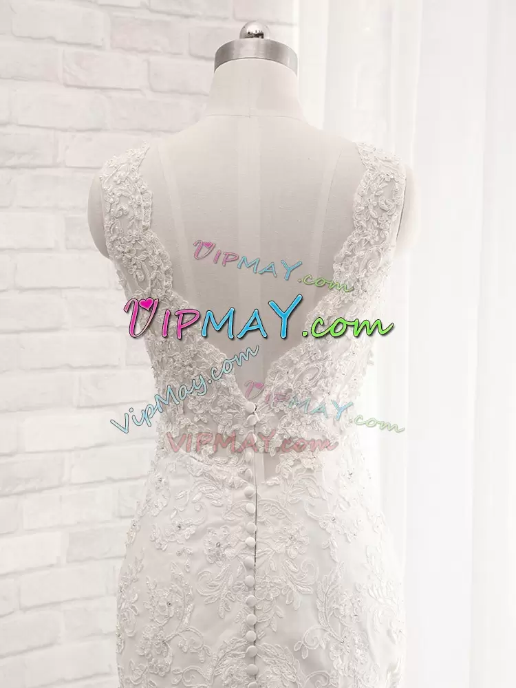 White Bridal Gown Lace Sweep Train Sleeveless Lace