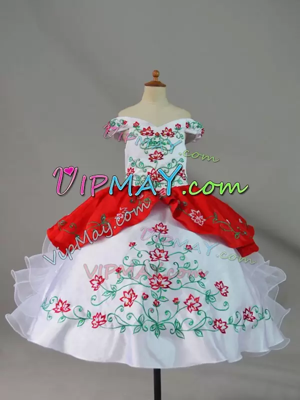 Off The Shoulder Sleeveless Satin and Organza Pageant Gowns Embroidery and Ruffles Lace Up