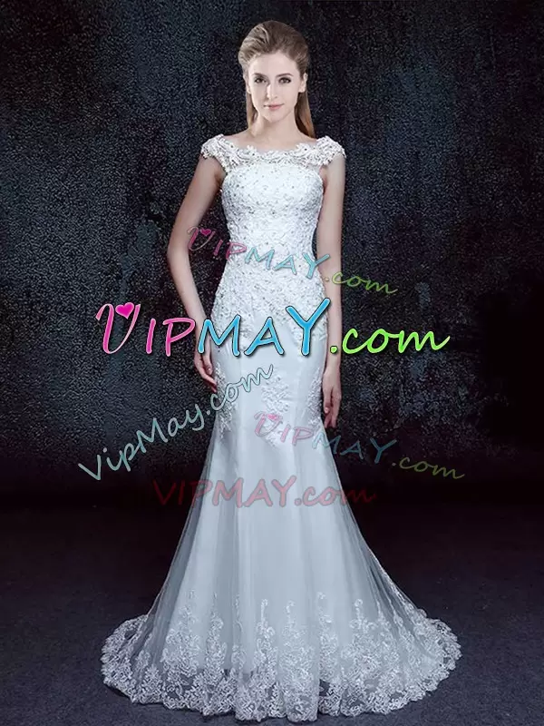 Admirable White Scoop Neckline Lace Wedding Dresses Cap Sleeves Lace Up