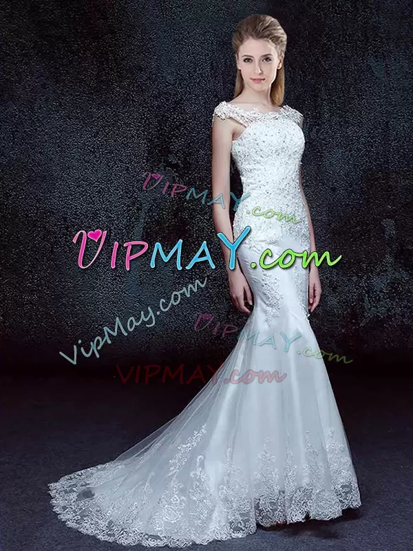 Admirable White Scoop Neckline Lace Wedding Dresses Cap Sleeves Lace Up