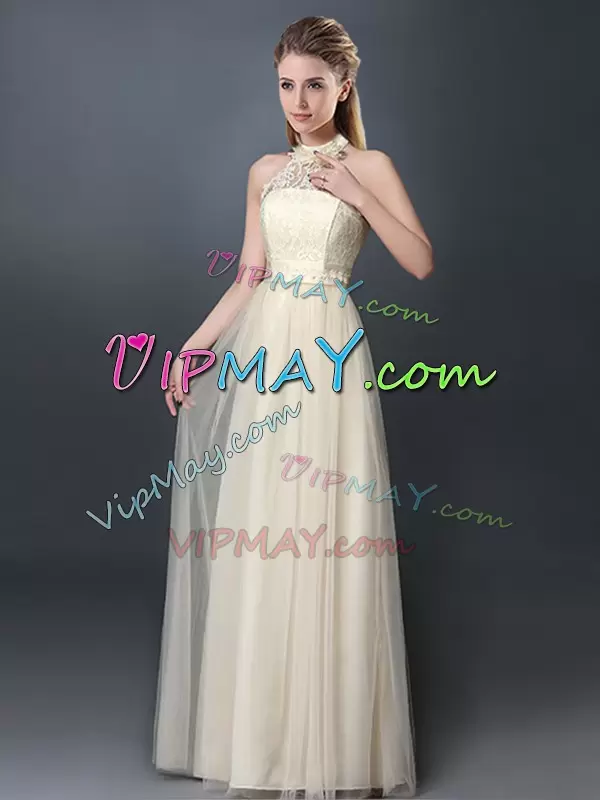 Champagne Lace Up Halter Top Lace and Appliques Wedding Guest Dresses Tulle Sleeveless