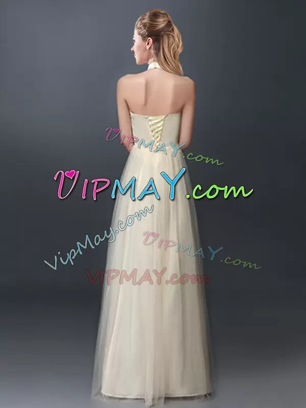 Champagne Lace Up Halter Top Lace and Appliques Wedding Guest Dresses Tulle Sleeveless