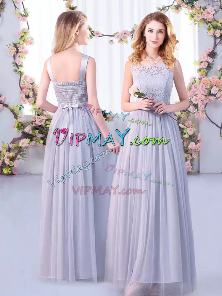 Most Popular Lace and Belt Bridesmaid Dresses Grey Side Zipper Sleeveless Floor Length