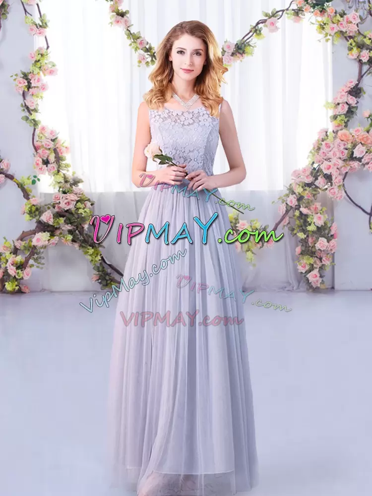 Most Popular Lace and Belt Bridesmaid Dresses Grey Side Zipper Sleeveless Floor Length