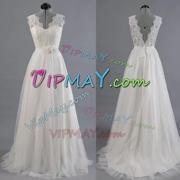 V-neck Sleeveless Wedding Gowns Brush Train Lace and Hand Made Flower White Tulle