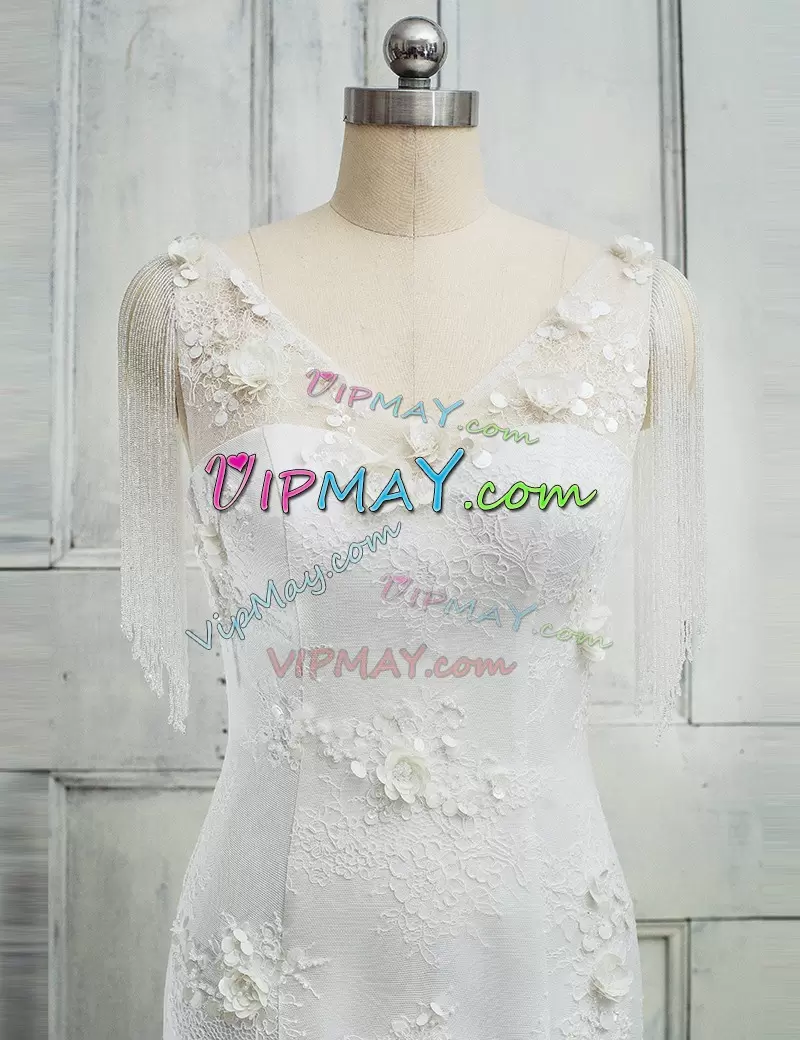 Top Selling V-neck Sleeveless Bridal Gown Appliques and Hand Made Flower Zipper