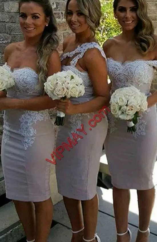 Custom Designed Grey Column Sheath Off The Shoulder Sleeveless Appliques Knee Length Bridesmaid Gown