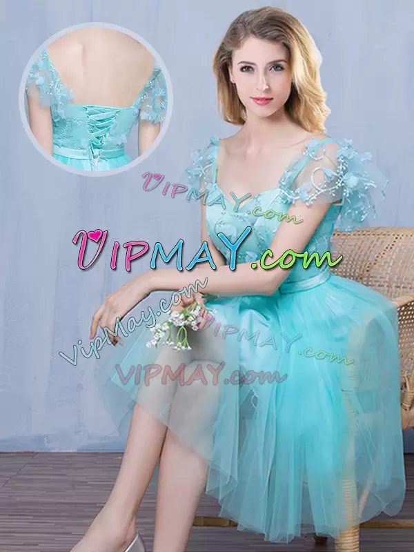 Sweetheart Short Sleeves Bridesmaid Dresses Knee Length Lace and Appliques and Bowknot Aqua Blue Tulle