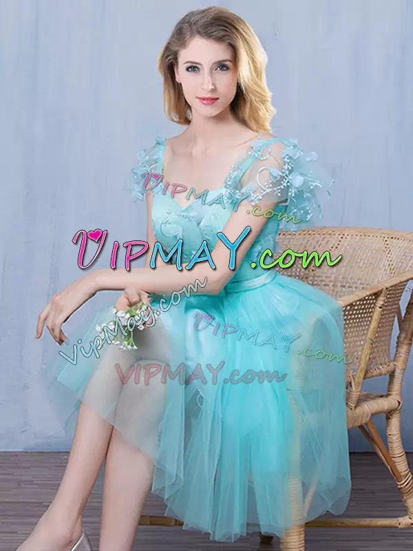 Sweetheart Short Sleeves Bridesmaid Dresses Knee Length Lace and Appliques and Bowknot Aqua Blue Tulle