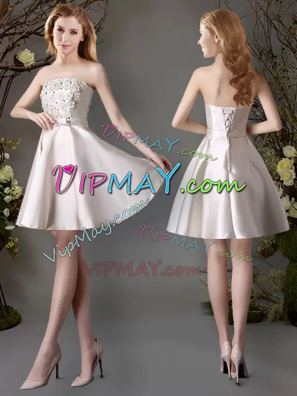 Hot Sale Champagne Strapless Lace Up Appliques and Bowknot Wedding Guest Dresses Sleeveless