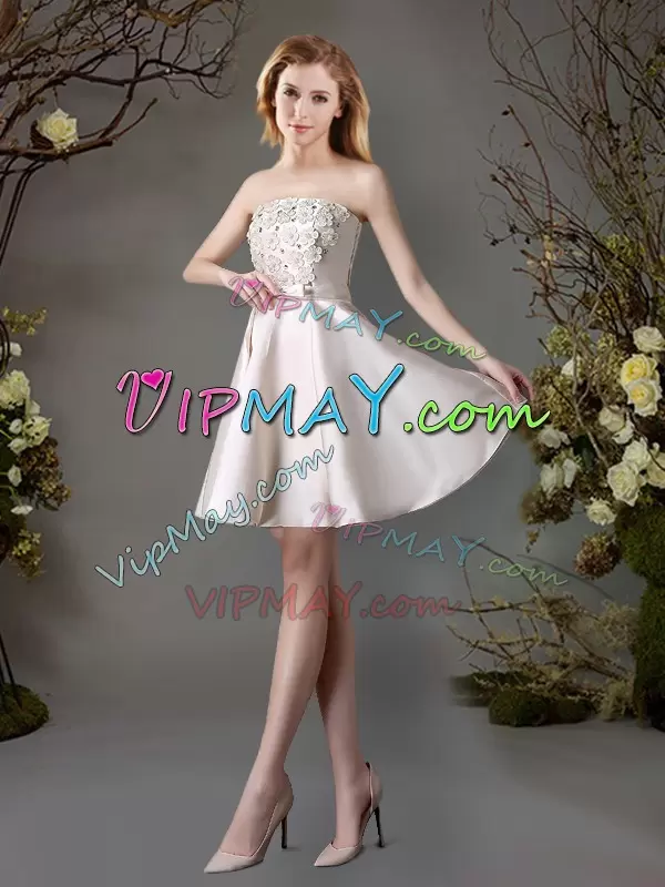 Hot Sale Champagne Strapless Lace Up Appliques and Bowknot Wedding Guest Dresses Sleeveless