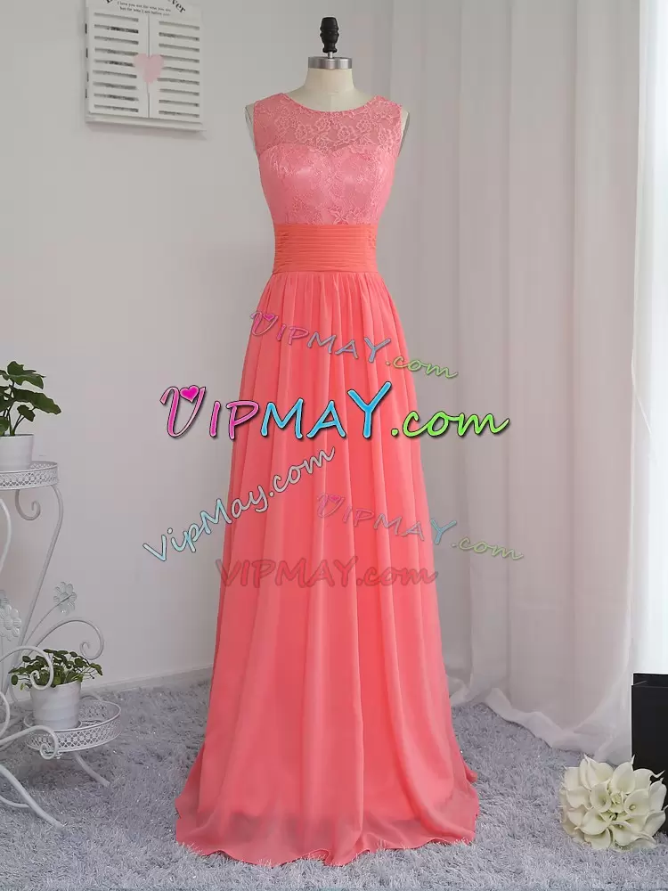 Charming Lace Bridesmaids Dress Watermelon Red Zipper Floor Length