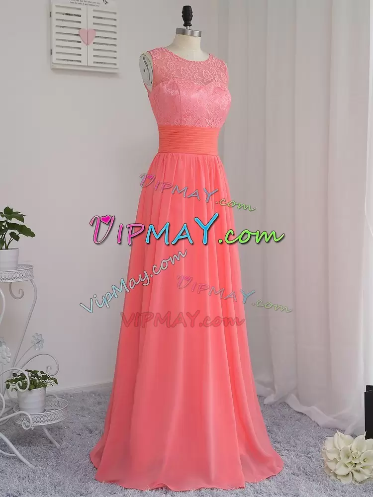 Charming Lace Bridesmaids Dress Watermelon Red Zipper Floor Length