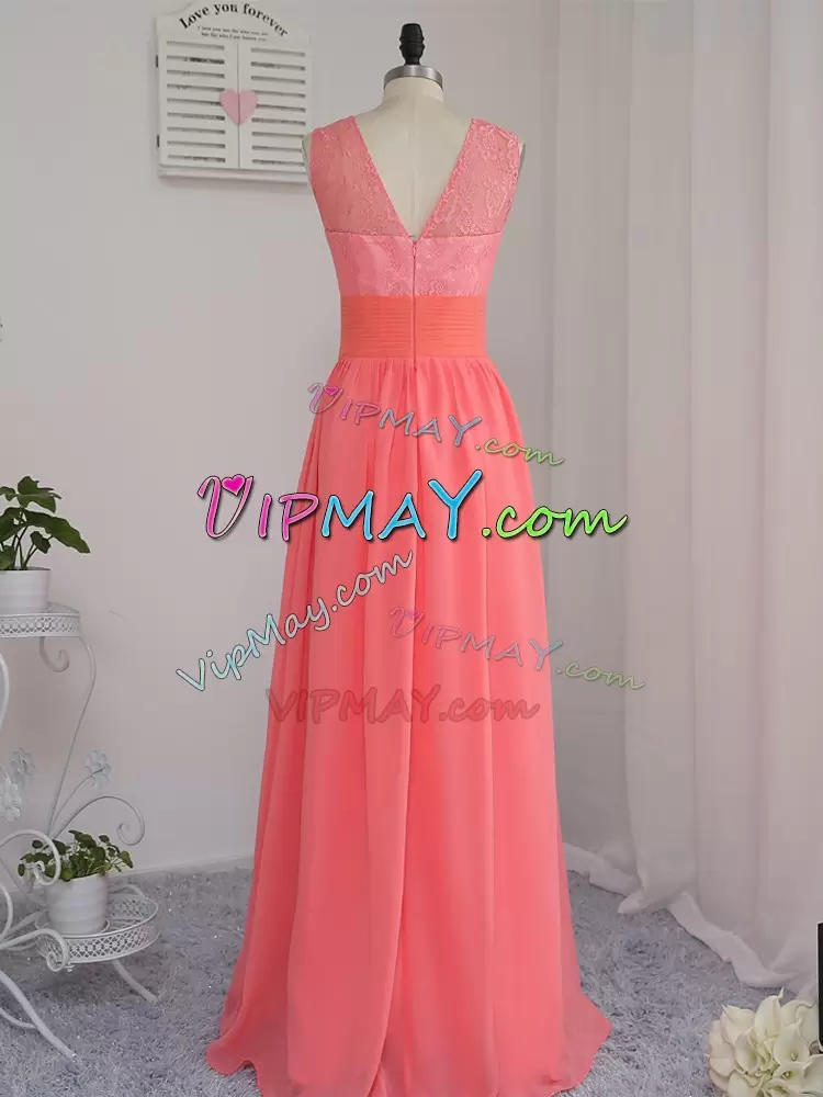 Charming Lace Bridesmaids Dress Watermelon Red Zipper Floor Length