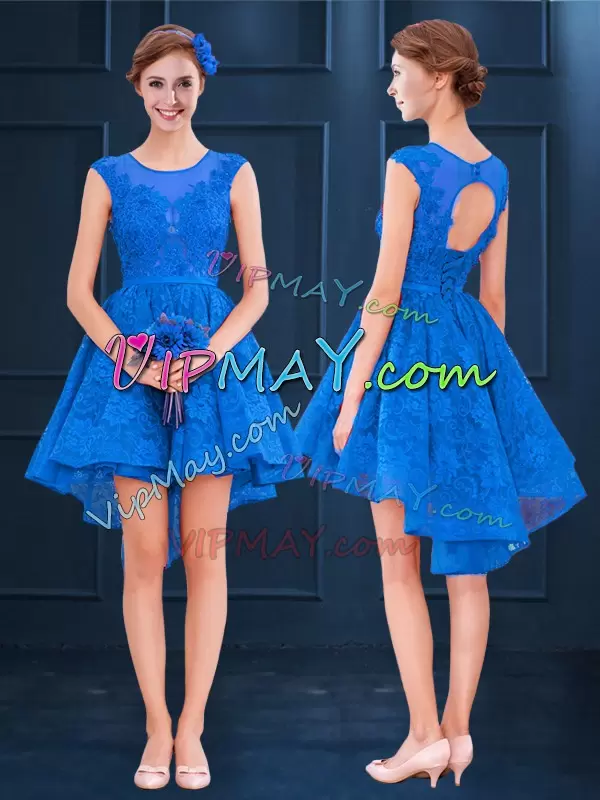 Adorable Blue Clasp Handle Damas Dress Lace and Belt Sleeveless High Low