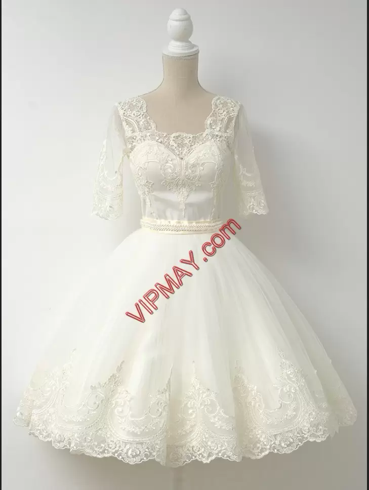 White Square Neckline Appliques Wedding Dress Half Sleeves Zipper