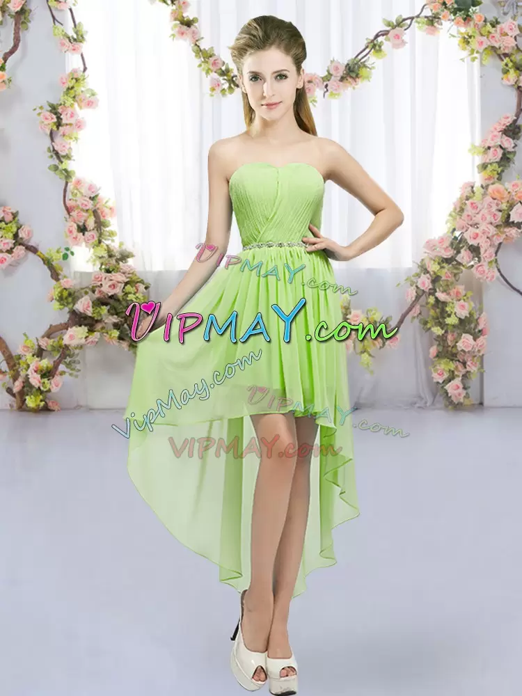 Sleeveless Chiffon High Low Lace Up Wedding Party Dress in Yellow Green with Beading