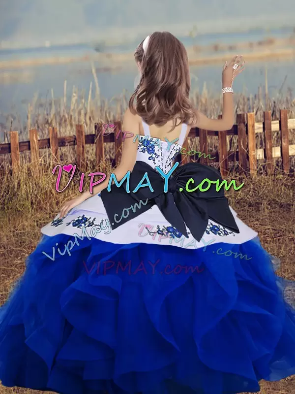 Amazing Sleeveless Floor Length Embroidery and Ruffles Lace Up Pageant Dress with Royal Blue