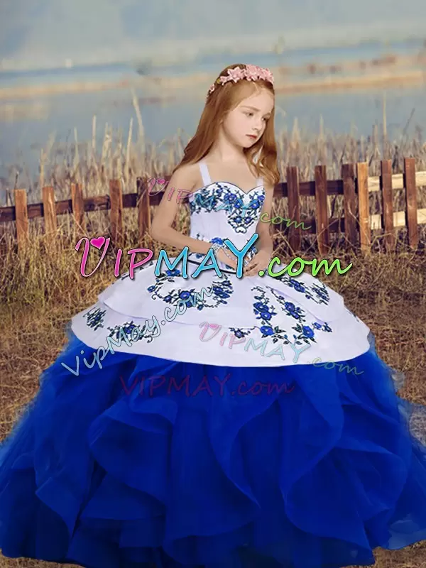 Amazing Sleeveless Floor Length Embroidery and Ruffles Lace Up Pageant Dress with Royal Blue