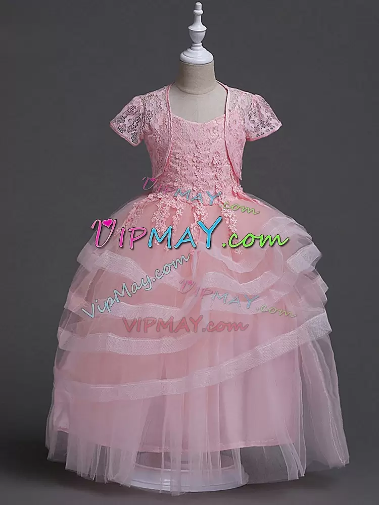 Super Baby Pink Sleeveless Floor Length Appliques Zipper Flower Girl Dresses Spaghetti Straps