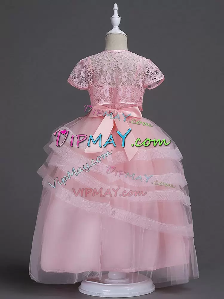 Super Baby Pink Sleeveless Floor Length Appliques Zipper Flower Girl Dresses Spaghetti Straps