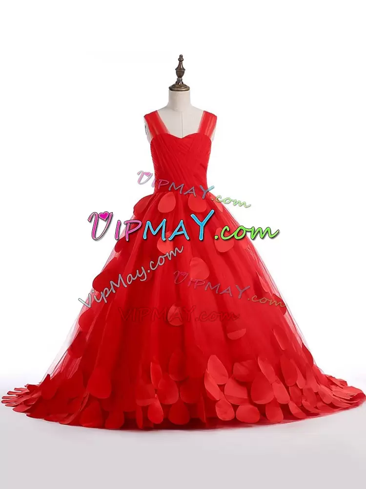 Red Little Girl Pageant Dress Tulle Brush Train Sleeveless Appliques