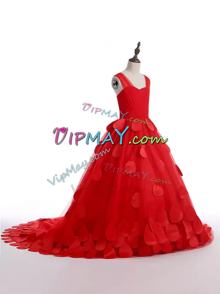 Red Little Girl Pageant Dress Tulle Brush Train Sleeveless Appliques