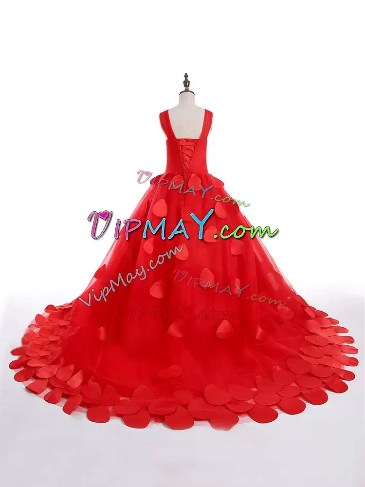 Red Little Girl Pageant Dress Tulle Brush Train Sleeveless Appliques