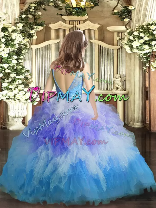 Fashionable Multi-color Tulle Backless V-neck Sleeveless Floor Length High School Pageant Dress Lace and Ruffles