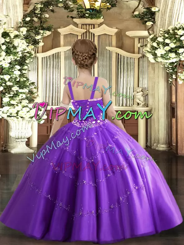 Custom Design Beading Winning Pageant Gowns Lilac Lace Up Sleeveless Floor Length