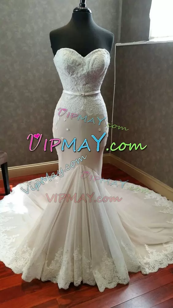 White Lace Up Sweetheart Sleeveless With Train Bridal Gown Brush Train Lace and Appliques