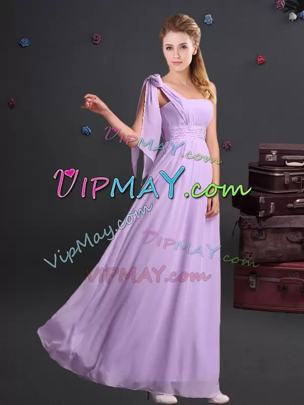 Ruching and Bowknot and Hand Made Flower Bridesmaids Dress Lavender Zipper Sleeveless Floor Length