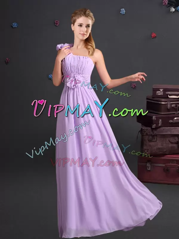 Ruching and Bowknot and Hand Made Flower Bridesmaids Dress Lavender Zipper Sleeveless Floor Length