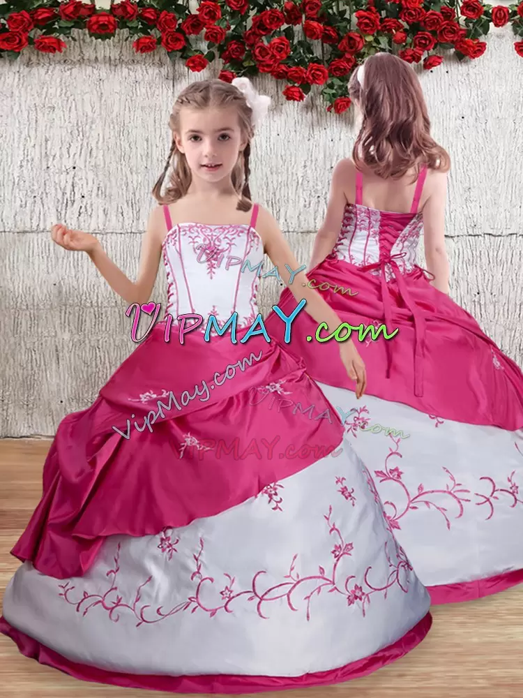 Dramatic Hot Pink Taffeta Lace Up Pageant Dress for Girls Sleeveless Floor Length Embroidery