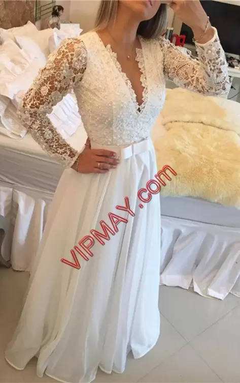 Long Sleeves V-neck Beading and Lace and Belt Clasp Handle Wedding Gowns
