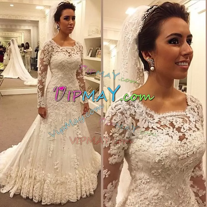 White Long Sleeves Lace Floor Length Wedding Gowns