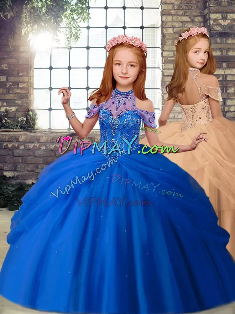 Gorgeous Blue and Peach Lace Up High-neck Beading Pageant Dress Toddler Tulle Sleeveless