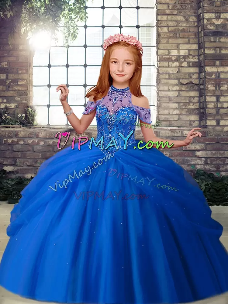 Gorgeous Blue and Peach Lace Up High-neck Beading Pageant Dress Toddler Tulle Sleeveless